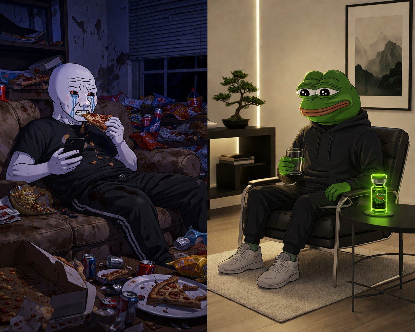 Wojak vs Pepe — PEPETIDE before and after